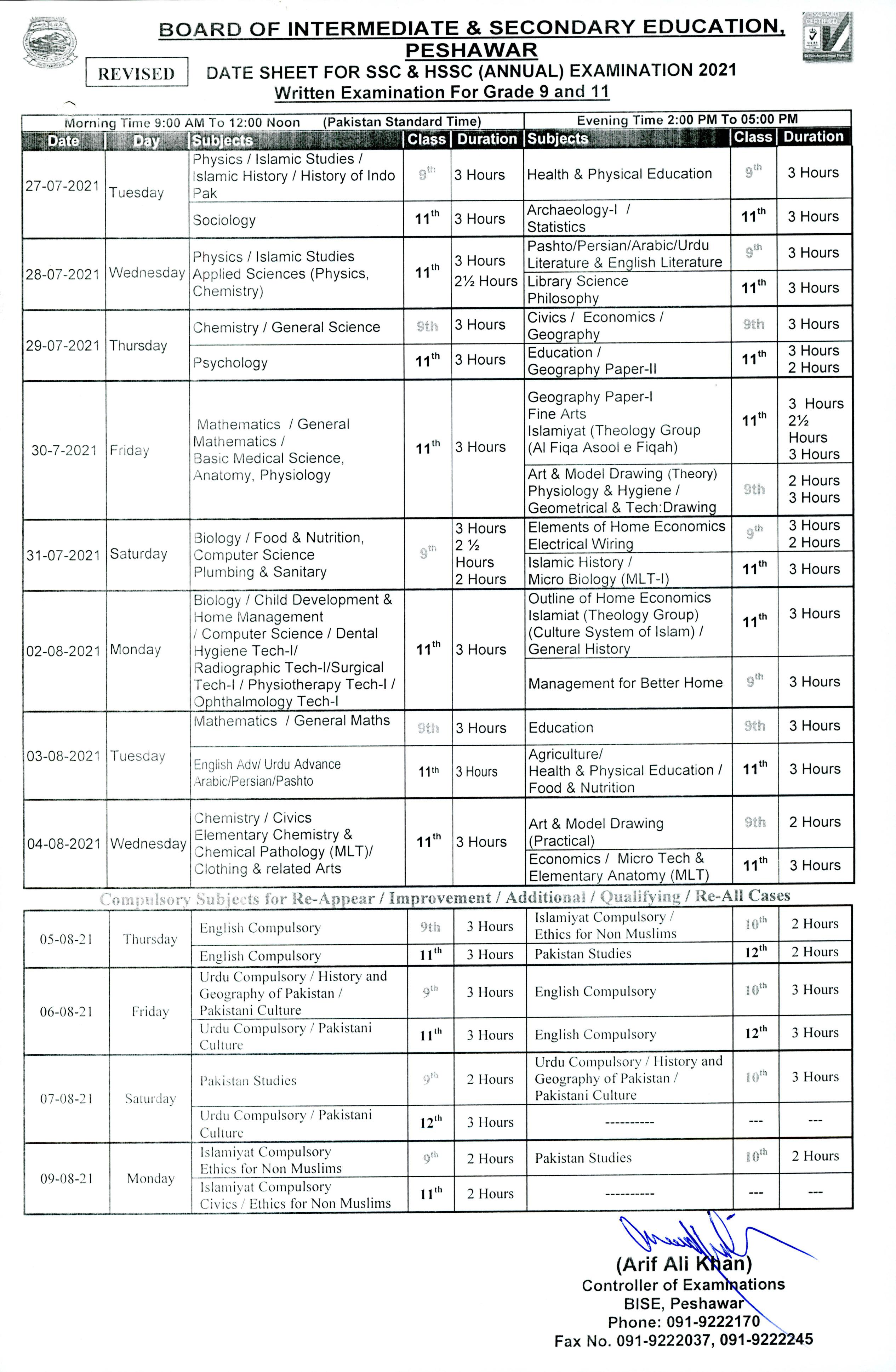 11th Class Date Sheet 2021 Peshawar Board FSc ICS FA Inter